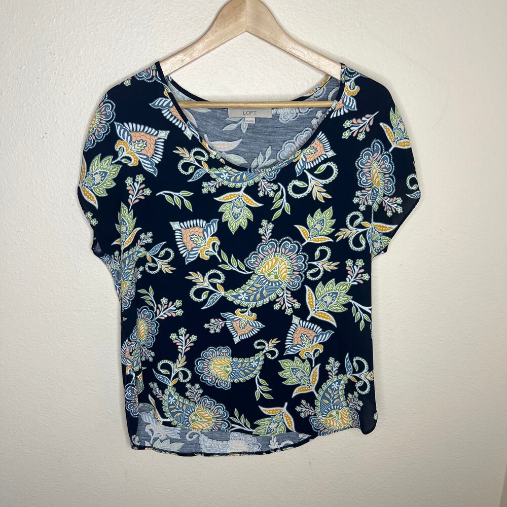Loft Navy Paisley Print Short Sleeve XS